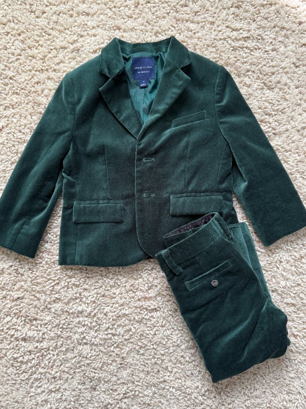 Janie and Jack 2T Green/Emerald Velvet Holiday Blazer Pant Suit